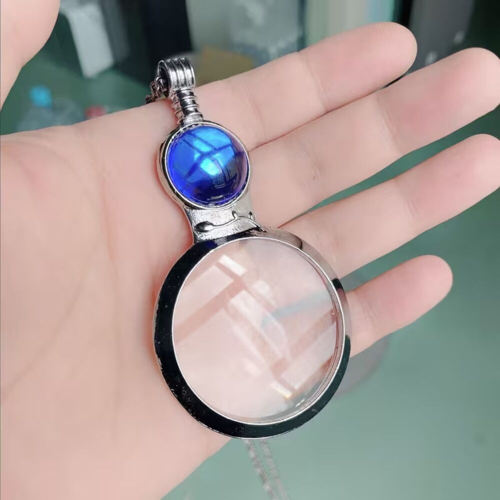 Dk Blue Gemstone Magnifying Glass Necklace Round Lens Pendant Retro Crystal Chrm